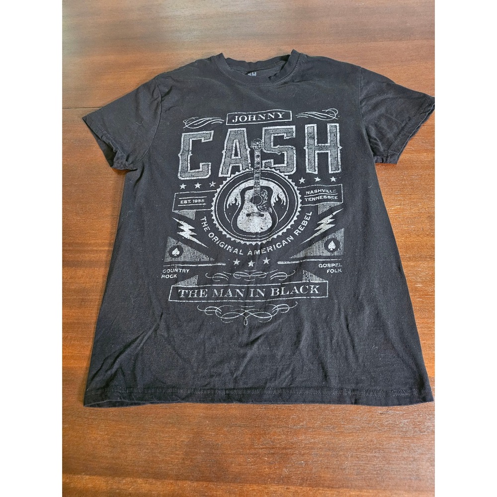 Johnny Cash Graphic T-Shirt Mens Small Black The Man In Black Rebel Guitar Tee